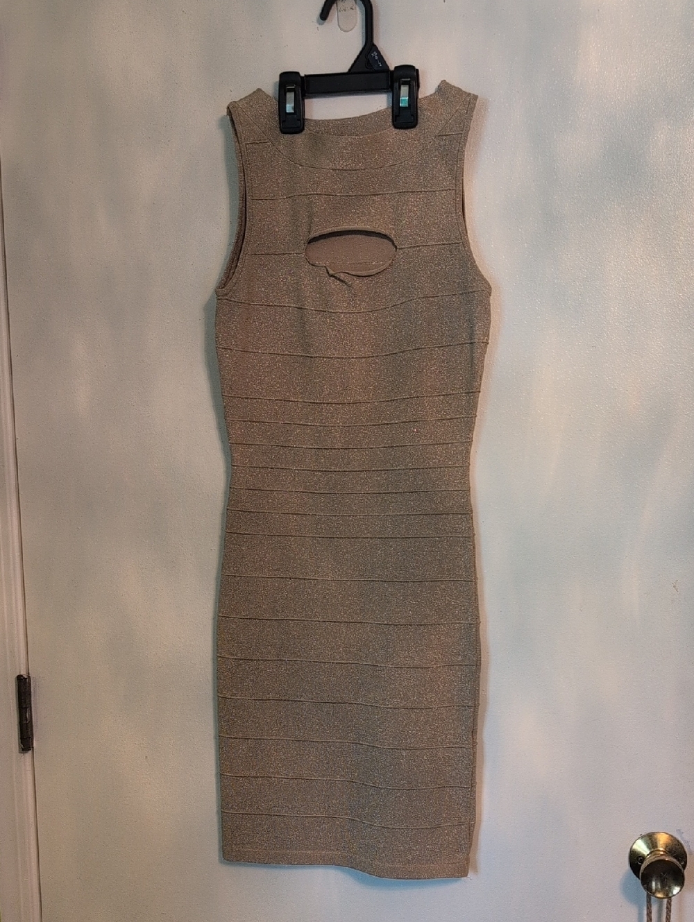 Express Metallic Gold Sleeveless Midi Dress with Front Cutout